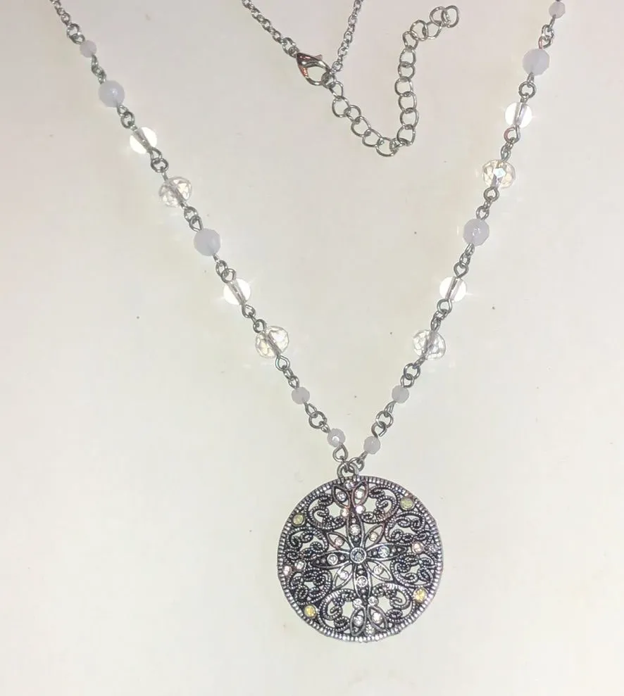 Silver Tone Filigree Pendant Beaded Boho Necklace