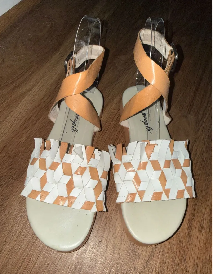 Free People Woven Leather Ankle Strap Platform Sandals Tan White Womens 6 Beach
