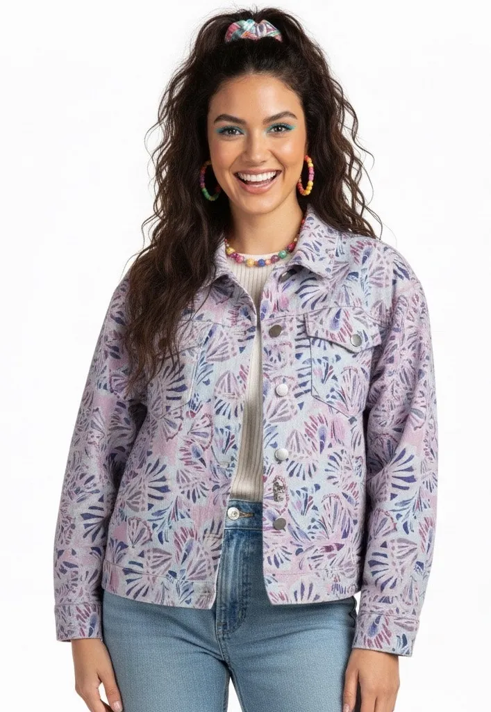 Emily Wonder Abstract Denim Jacket Womens L Pastel Pink Eclectic Whimsy Quirky Size L