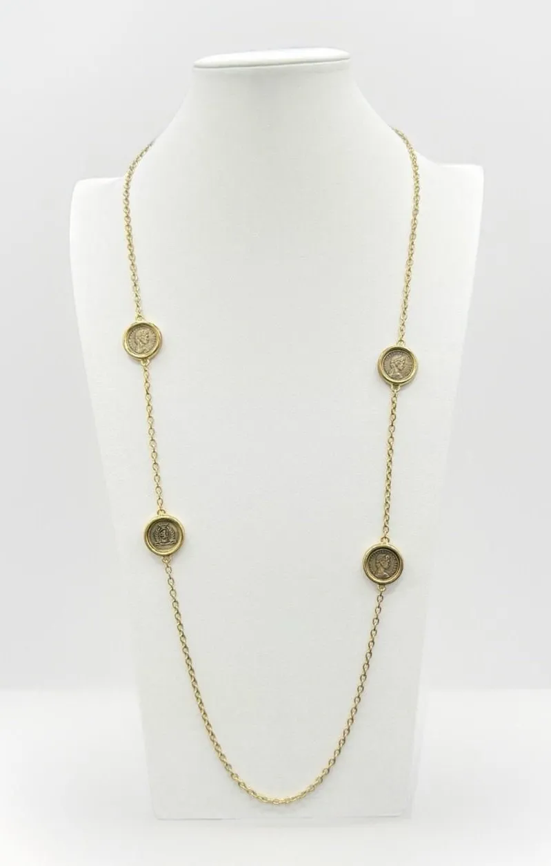 Vintage 1980s Queen Elizabeth II Coin Station Necklace – Gold Tone 36" Sautoir