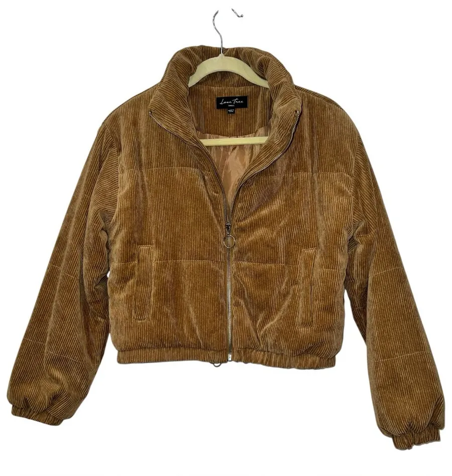 Love Tree Womens S Corduroy Puffer Jacket Cropped Tan Brown Zip Y2K