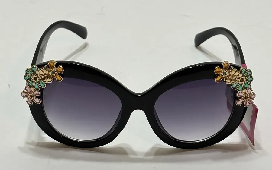 Betsey Johnson Black Floral Jewel Sunglasses Oversized Round UV 400 NWT Acetate