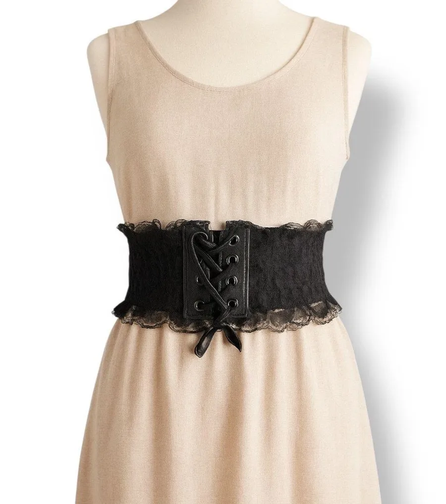 Deadstock Vintage Y2K Black Lace Corset Belt Leather Trim Statement Wide Cincher