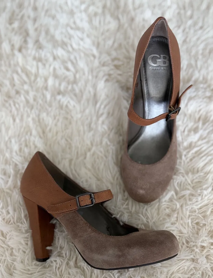 Gianni Bini Brown Suede Leather Block Heel Mary Jane Pumps Size 8.5M