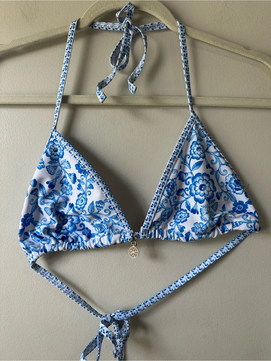 Triangle Bikini Top Grecian Blue and White Floral Bikini Women’s Swimwear Size S