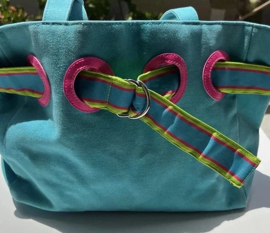 Vintage Polo Ralph Lauren Summer Canvas Tote Bag Purse Pink/Fuchsia & Blue