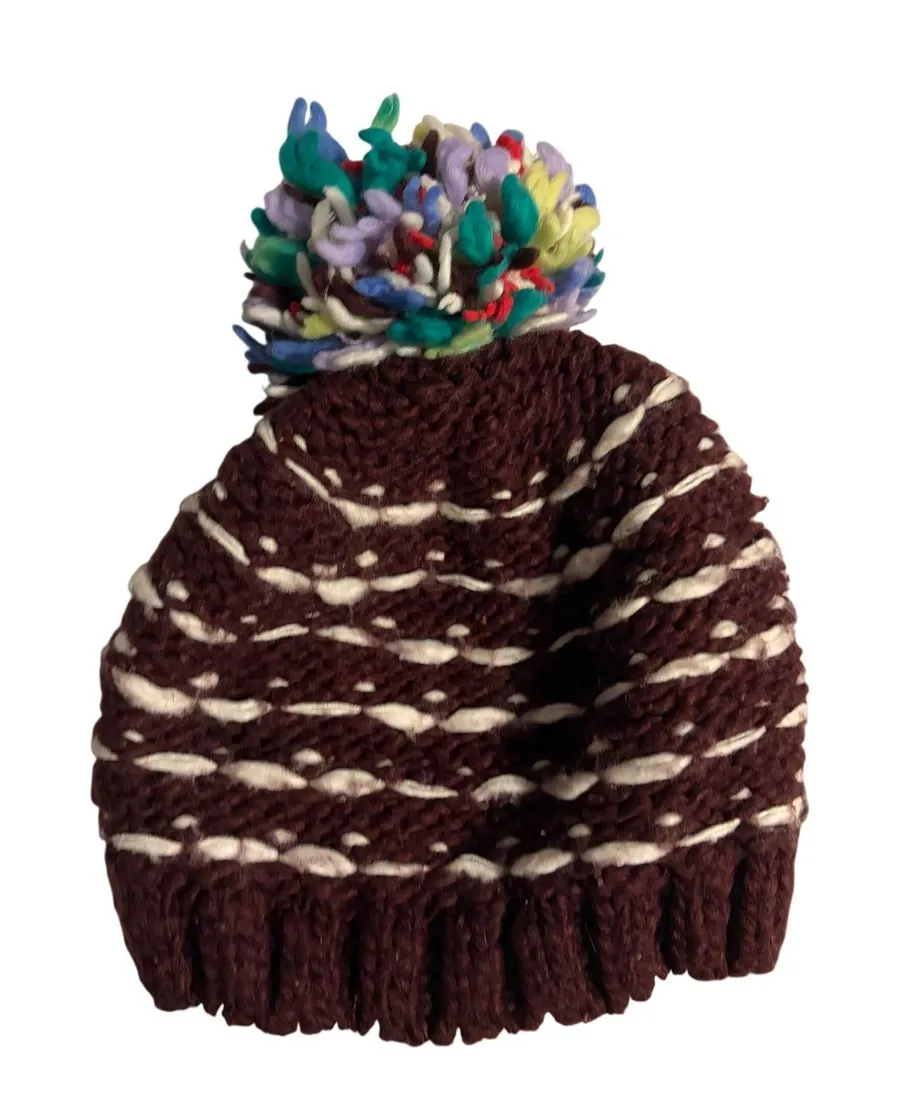 Aerie Beanie Chunky Knit Burgundy Multi Pom Pom One Size