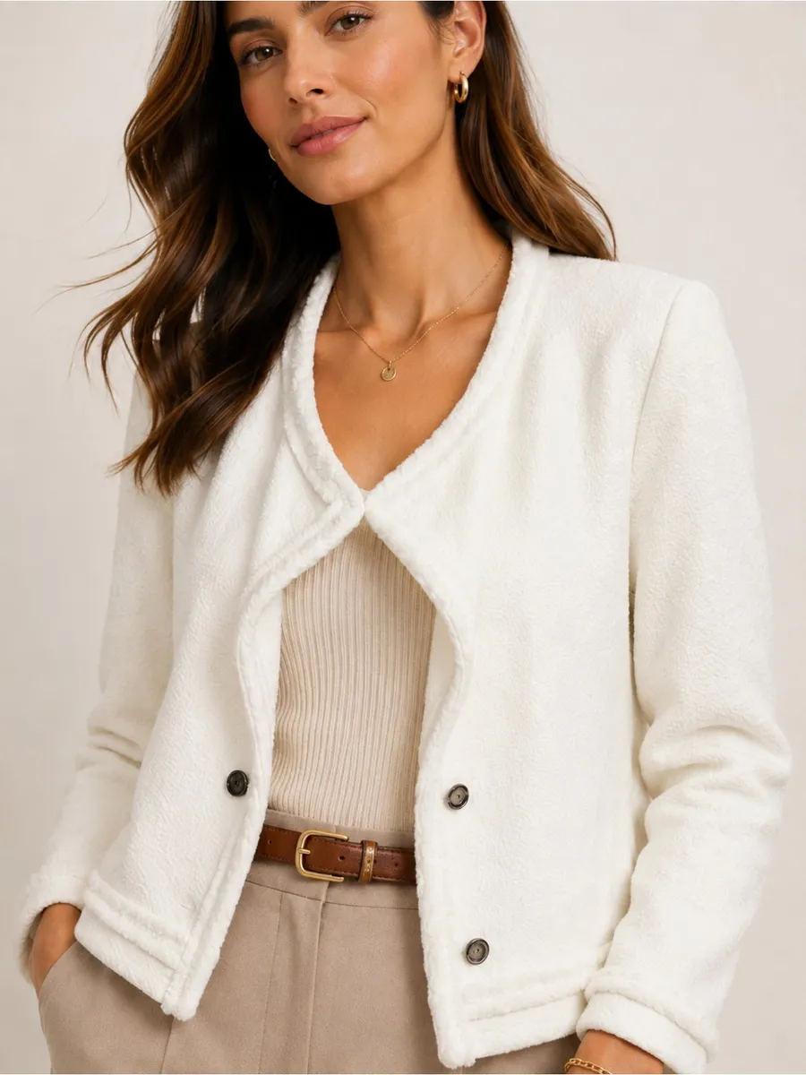 Calvin Klein Ivory Textured Fringe Trim Cropped Jacket Blazer L