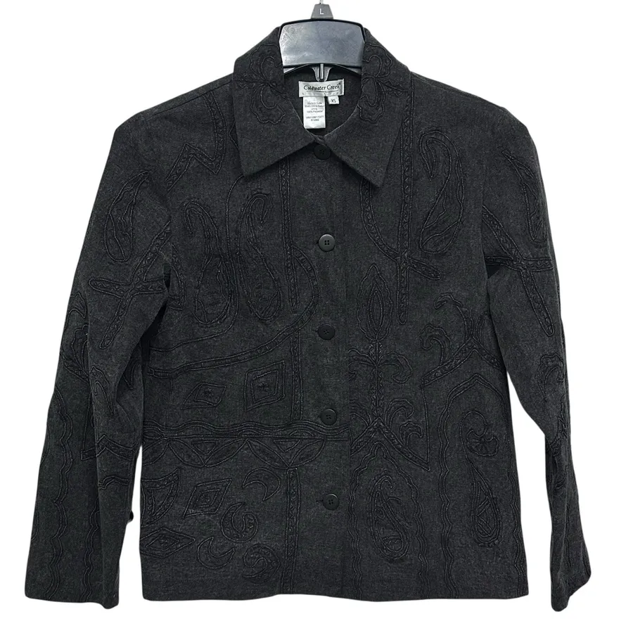 Coldwater Creek Black Denim Floral Paisley Jacket Size XS Embroidered Metal