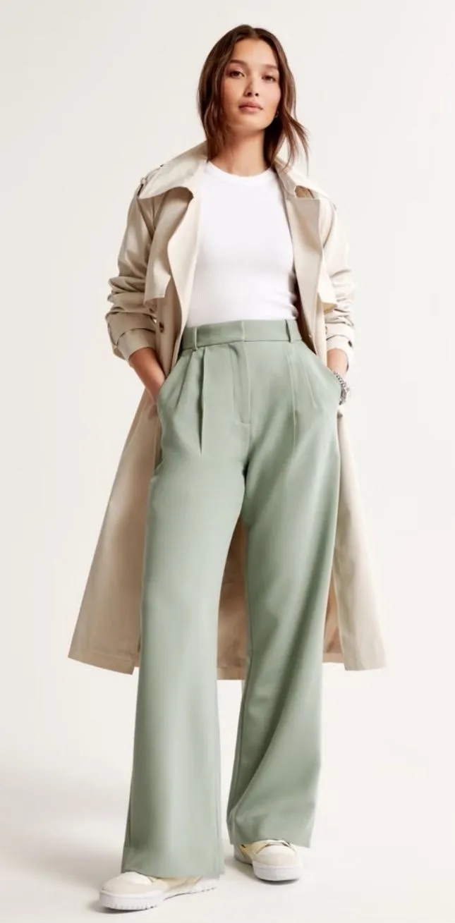 A&F Abercrombie Sage Green Curve Love Sloane High Waisted Wide Leg Pant 27 LONG