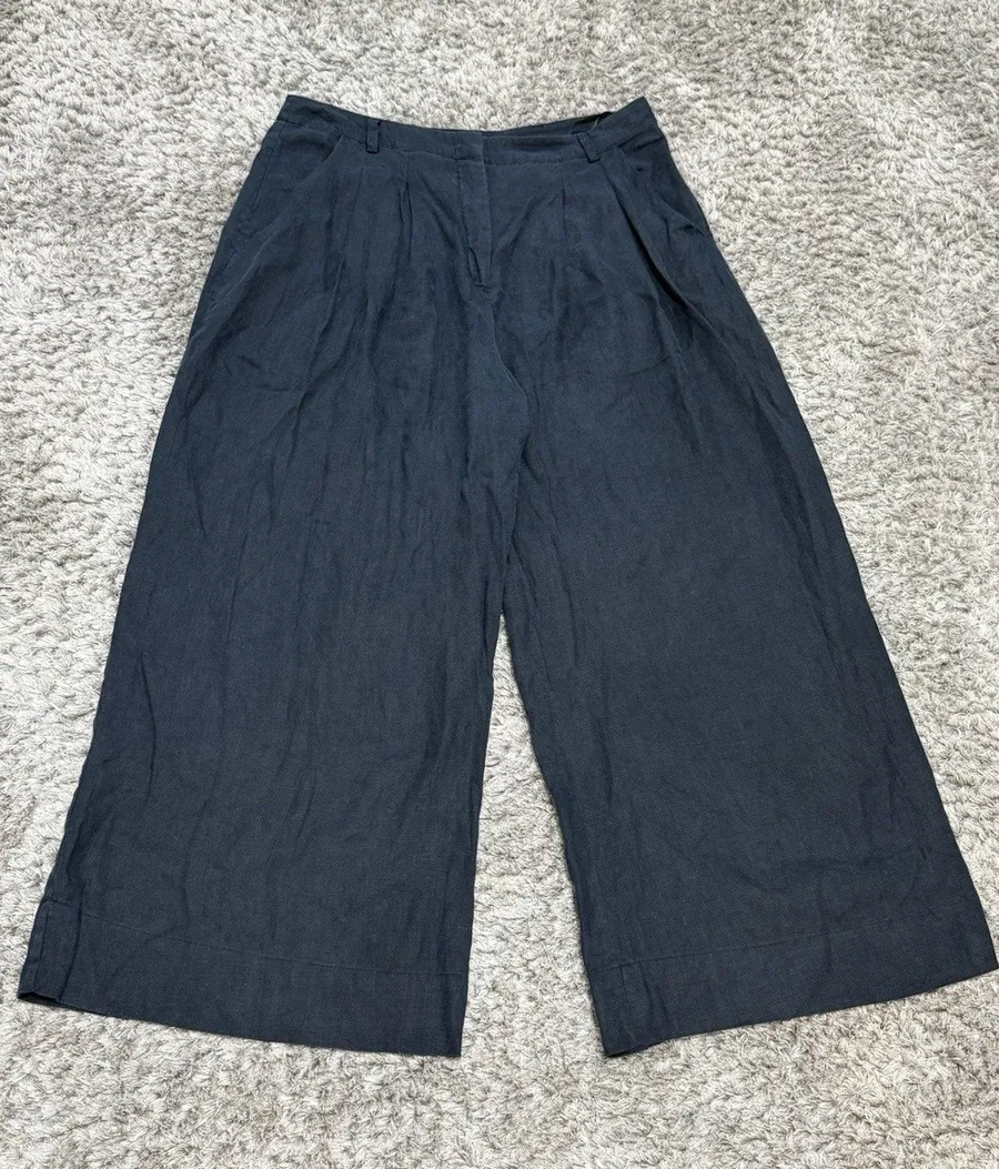 FARM Rio Women’s Dark Blue 100% Linen Wide Leg Pleated Palazzo Pants Size L