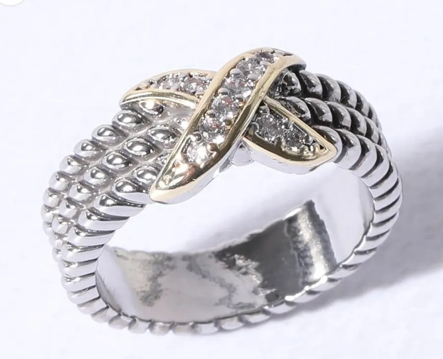 X Tripe Cable Silver Gold Stones Ring Size 8