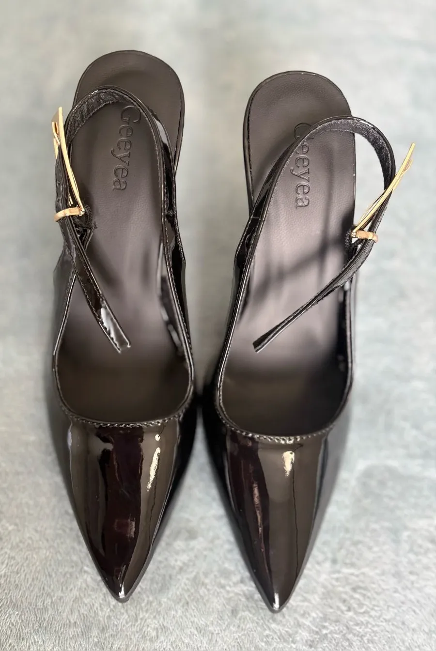 Geeyea Black Patent Slingback Stiletto Heels Pointed Toe EU 36 New Size 6.5
