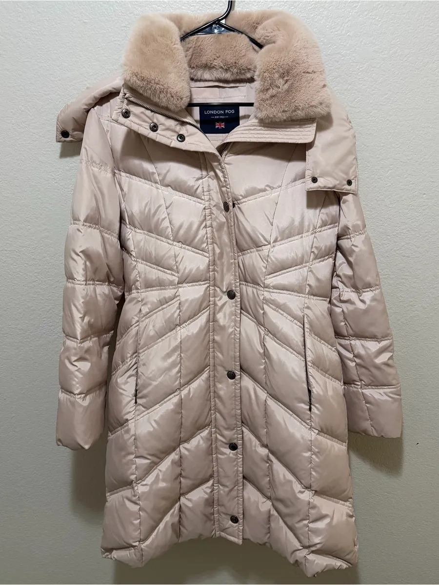 London Fog Blush Pink Faux Fur Collar Quilted Puffer Coat Estimated M/L