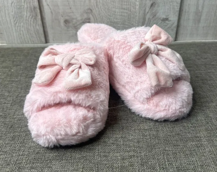 Womens Fuzzy Open Toe Pink Slippers Bow Trim Non