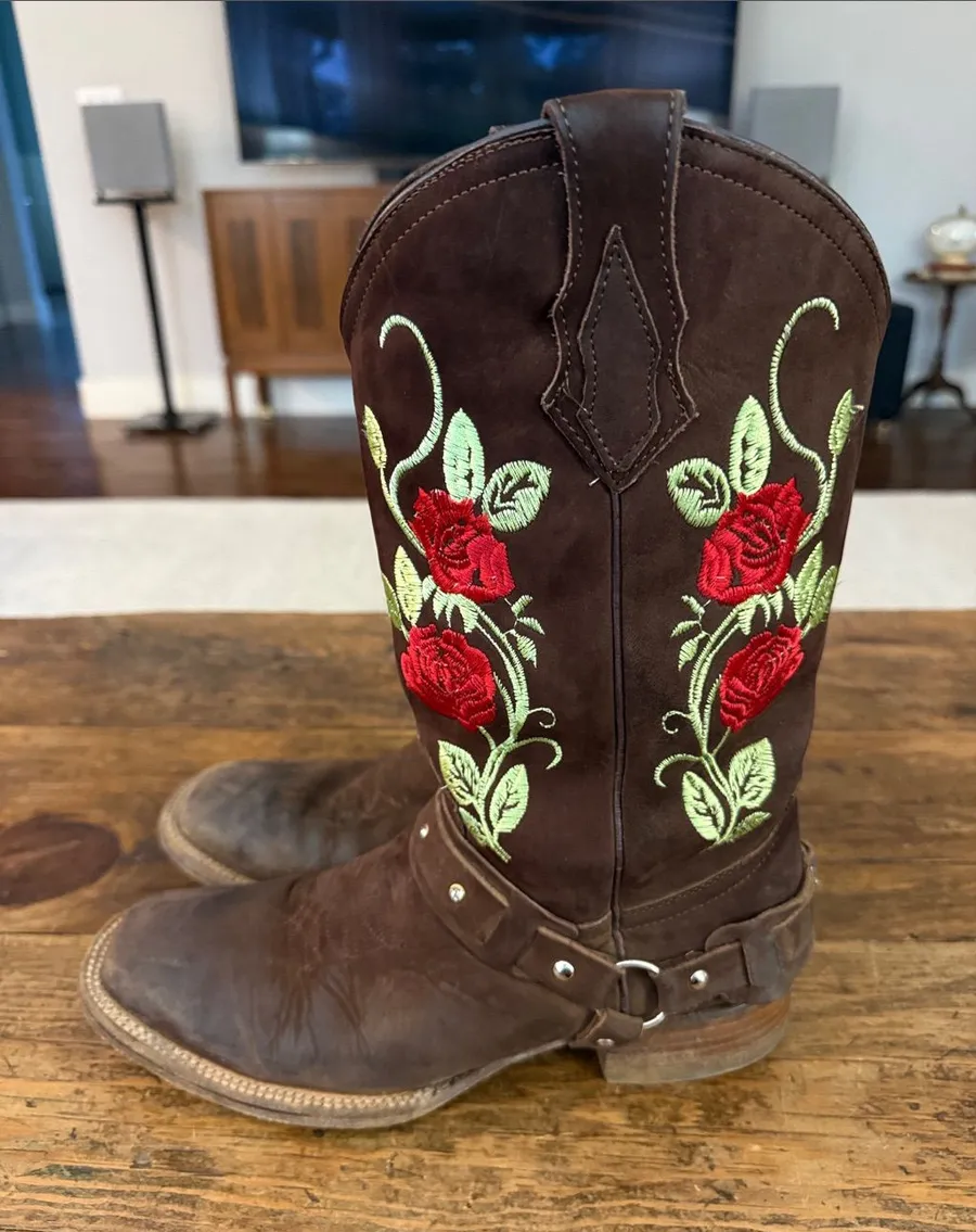 Agave Boots Brown Embroidered Rose Western Vintage Harness Size 8