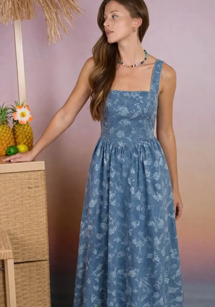 Denim Floral Jacquard Corset Midi Dress Cottagecore Blue Large