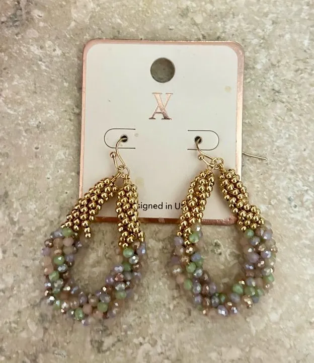 Gold Teardrop Bead Cluster Earrings with Multicolor Pastel Beads