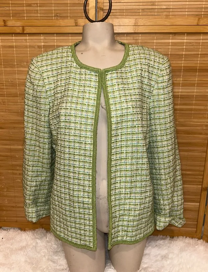 Sag Harbor tweed jacket green blue plaid open front jacket one hook blazer 12P