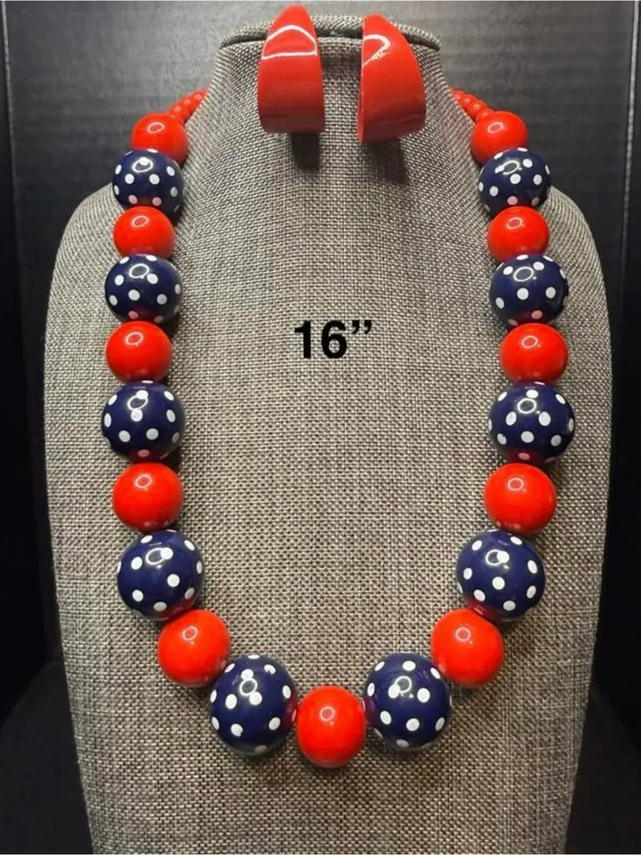 Bold Red and Navy Polka Dot Bead Necklace with Matching Clip Earrings