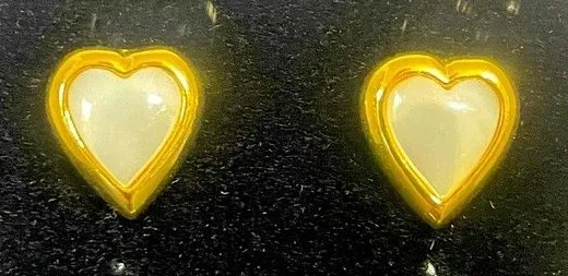 Vintage Heart Stud Earrings Gold w White Gemstone Post Back Dainty