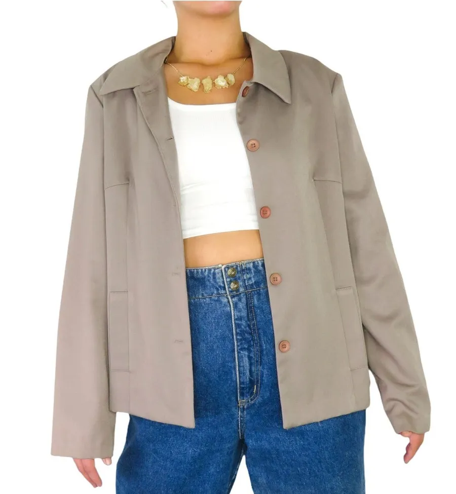 Topy 1990s VIntage Taupe Tan Blazer Jacket Neutral Oversized Large