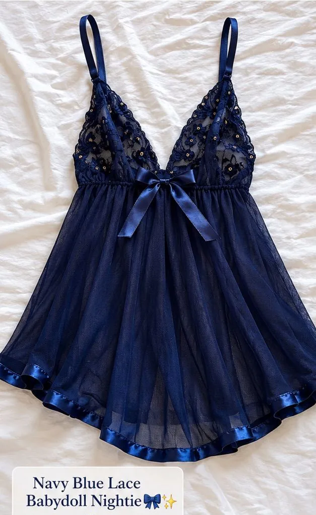 Navy Blue Lace Babydoll Nightie with Satin Bow
