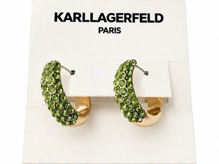 Karl Lagerfeld Paris Half Hoop Huggie Earrings Green Crystal Pavé Gold sparkly