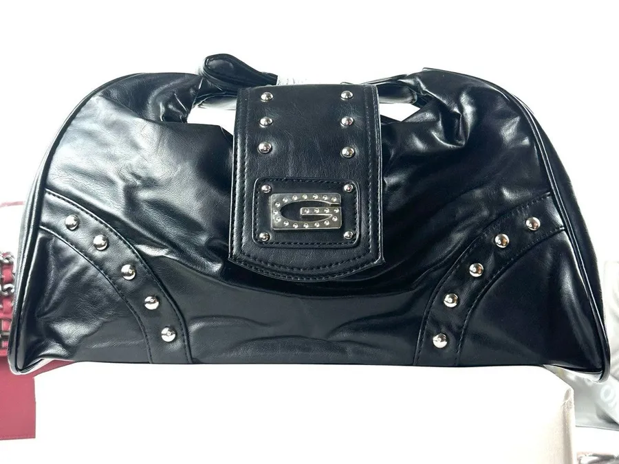 Boutique Black Studded Shoulder Bag with Silver G Emblem