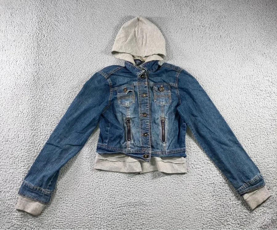 Vintage y2k Denim Jacket Women Small Blue Gray Layered Hoodie Oxford Graphic Blue