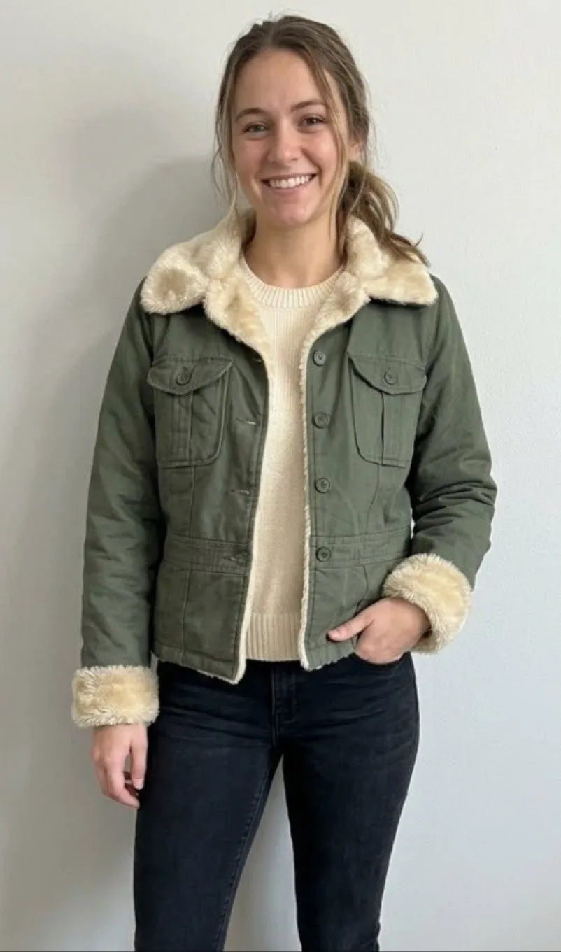 Mossimo Supply Co. Olive Green Jacket with Cream Faux Fur Trim Size L