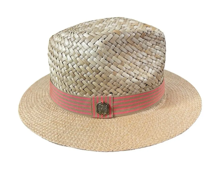 Vince Camuto Straw Fedora Hat Tan Pink Stripe Band Panama Style One Size