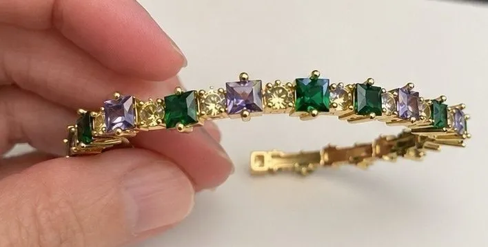 Gold Plated Multicolor CZ Cuff Bracelet Green Purple Clear Brass Waterproof