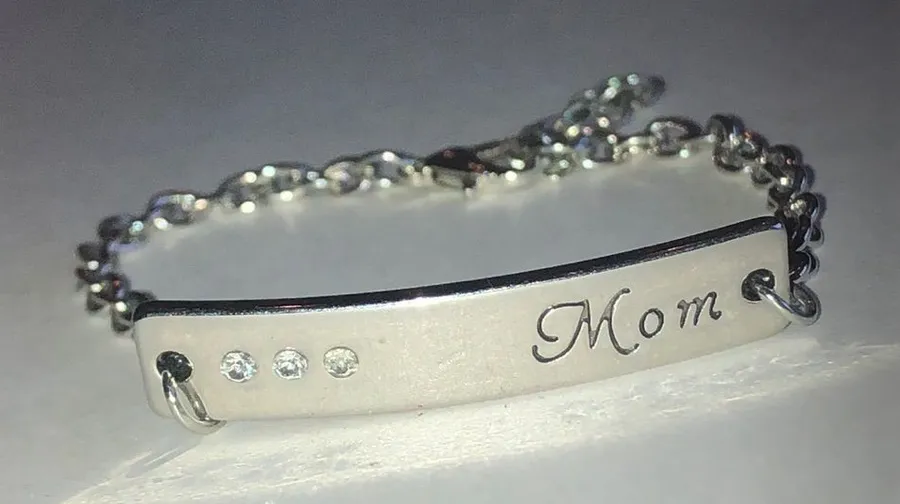 Mom Engraved Silver Tone Plate Bracelet with Crystal Accents