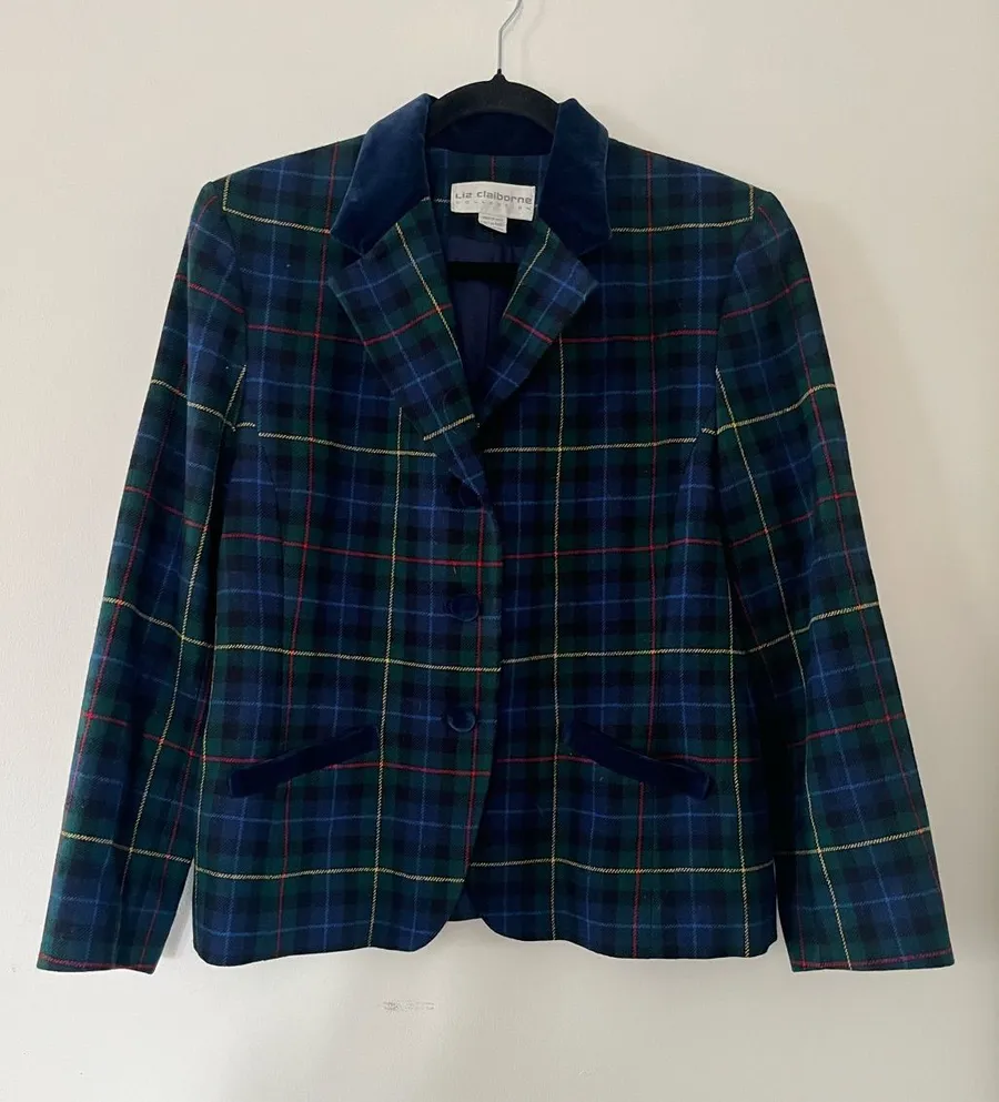 Vintage Liz Claiborne Blue Plaid Wool Blazer Medium Preppy Equestrian Old Money