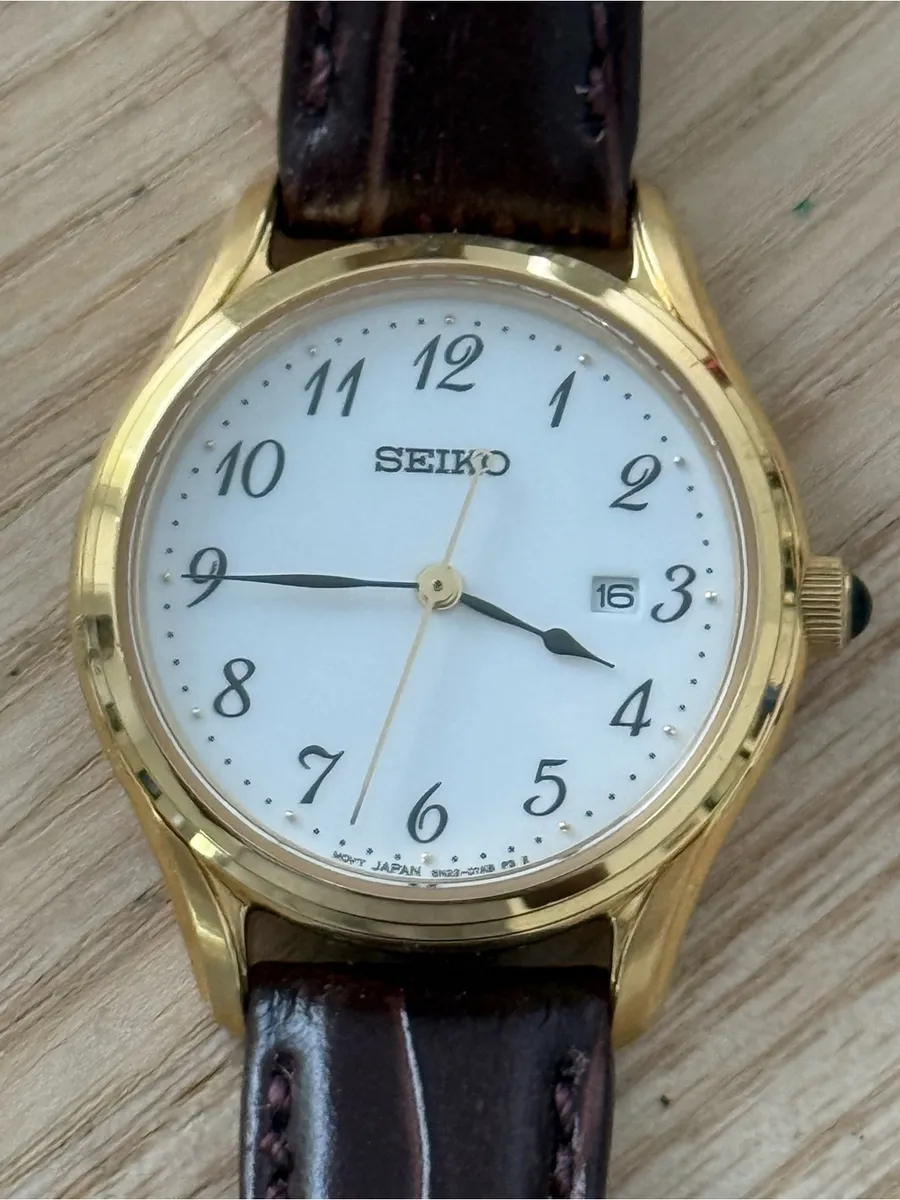 Seiko White Dial Watch Gold-Tone Case Brown Genuine Leather Strap Date Window