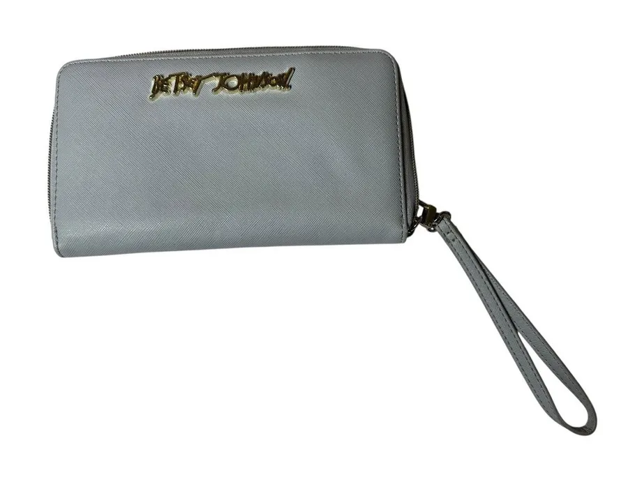 Betsey Johnson Gray Wristlet Wallet with Strap Zip Around Credit Card Organizer