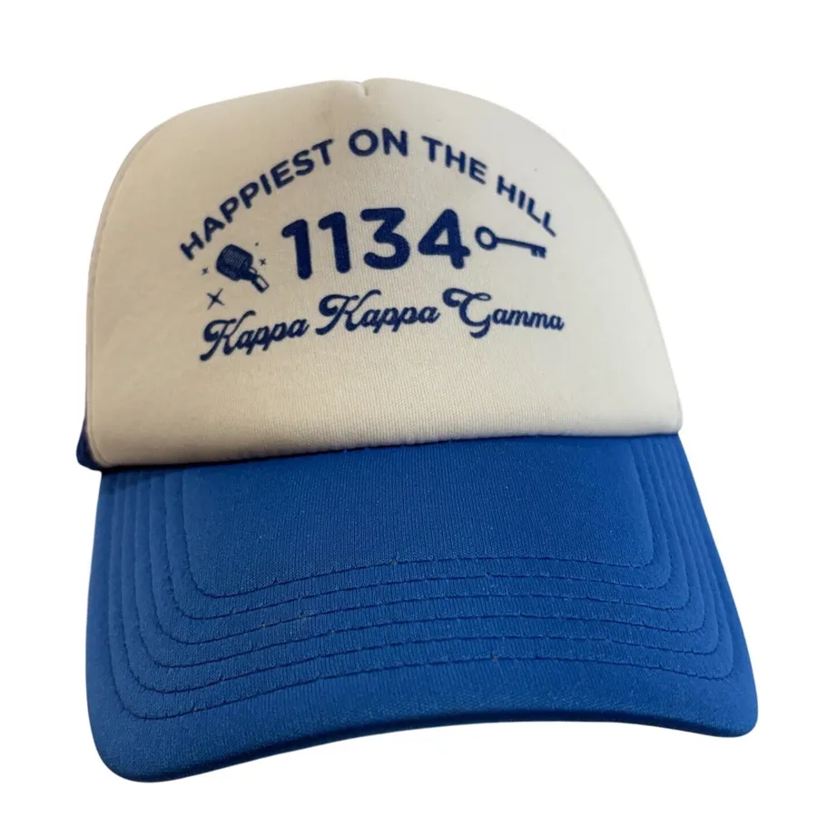 Kappa Kappa Gamma Sorority Trucker Hat Blue White Happiest on the Hill Snapback