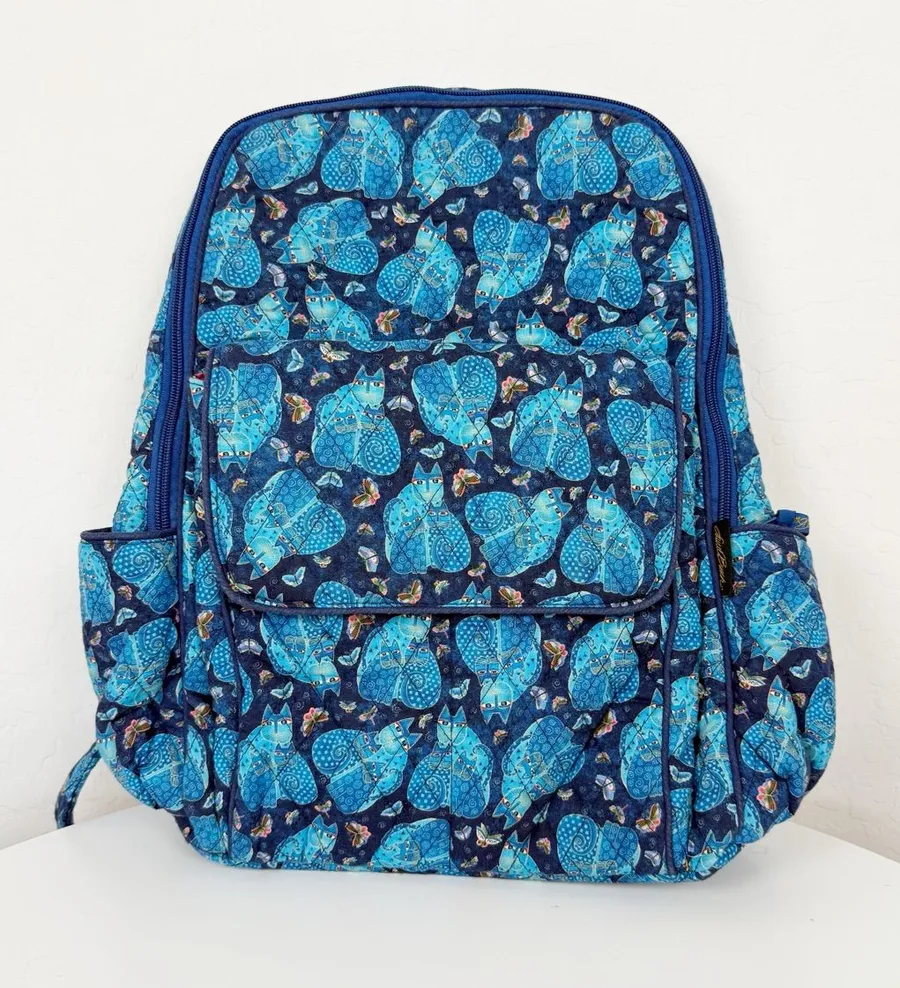 Vintage Laurel Burch Blue Indigo Cat Quilted Backpack