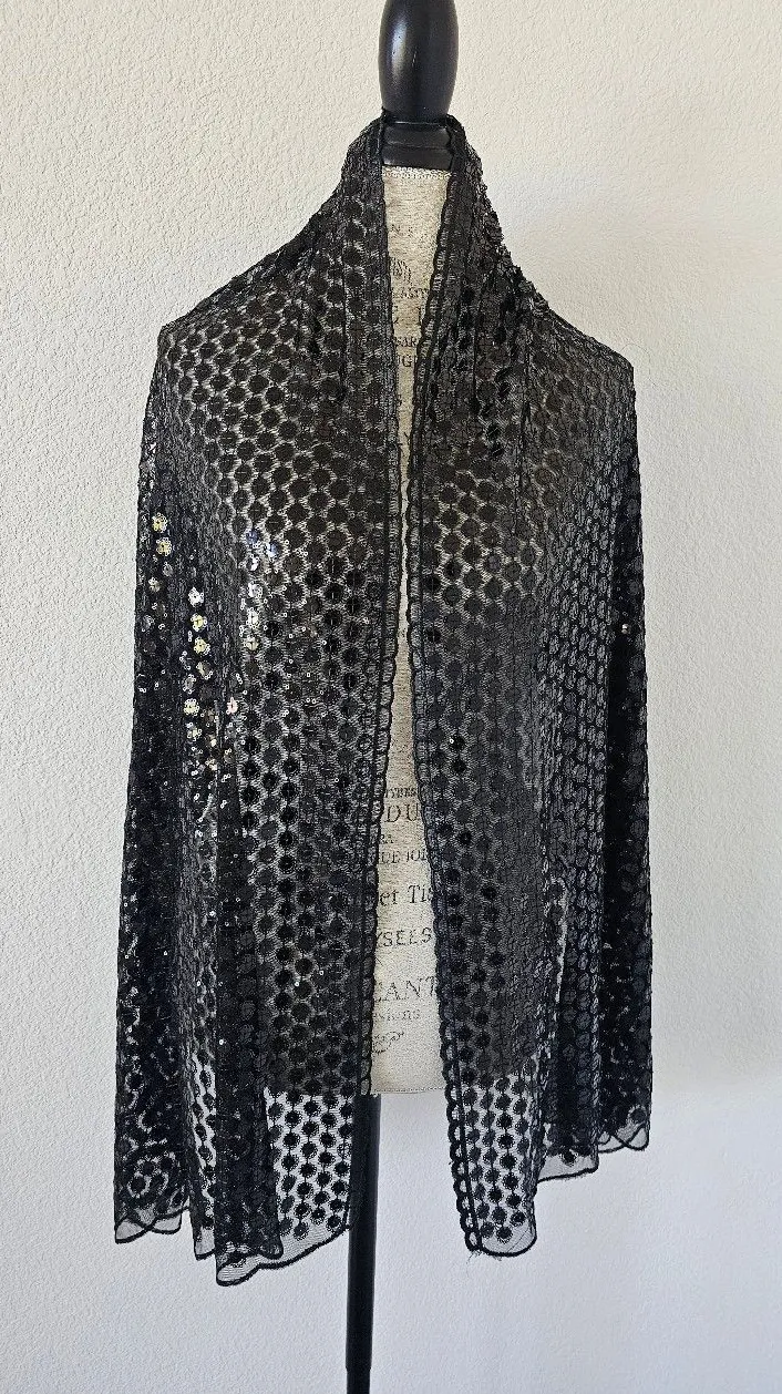 Glam Black Sequin Sheer Mesh Wrap Shawl Scarf – Floral Circle Embellished Formal