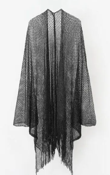 Casa Maca Black Shimmer Open Knit Mesh Fringe Kimono Swim Cover One Size Size undefined