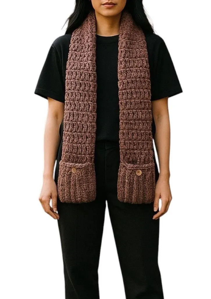 Hand Knit Grandma Wool Blend Soft Chunky Mauve Long Scarf w Pockets Boho Cozy