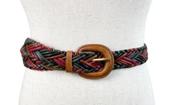 Vintage 80s 90s Genuine Leather Rainbow Braided Belt Boho Women's Size Small