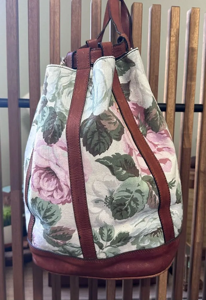 Floral Canvas Drawstring Italian Backpack with Pink & Green Print and Brown Trim