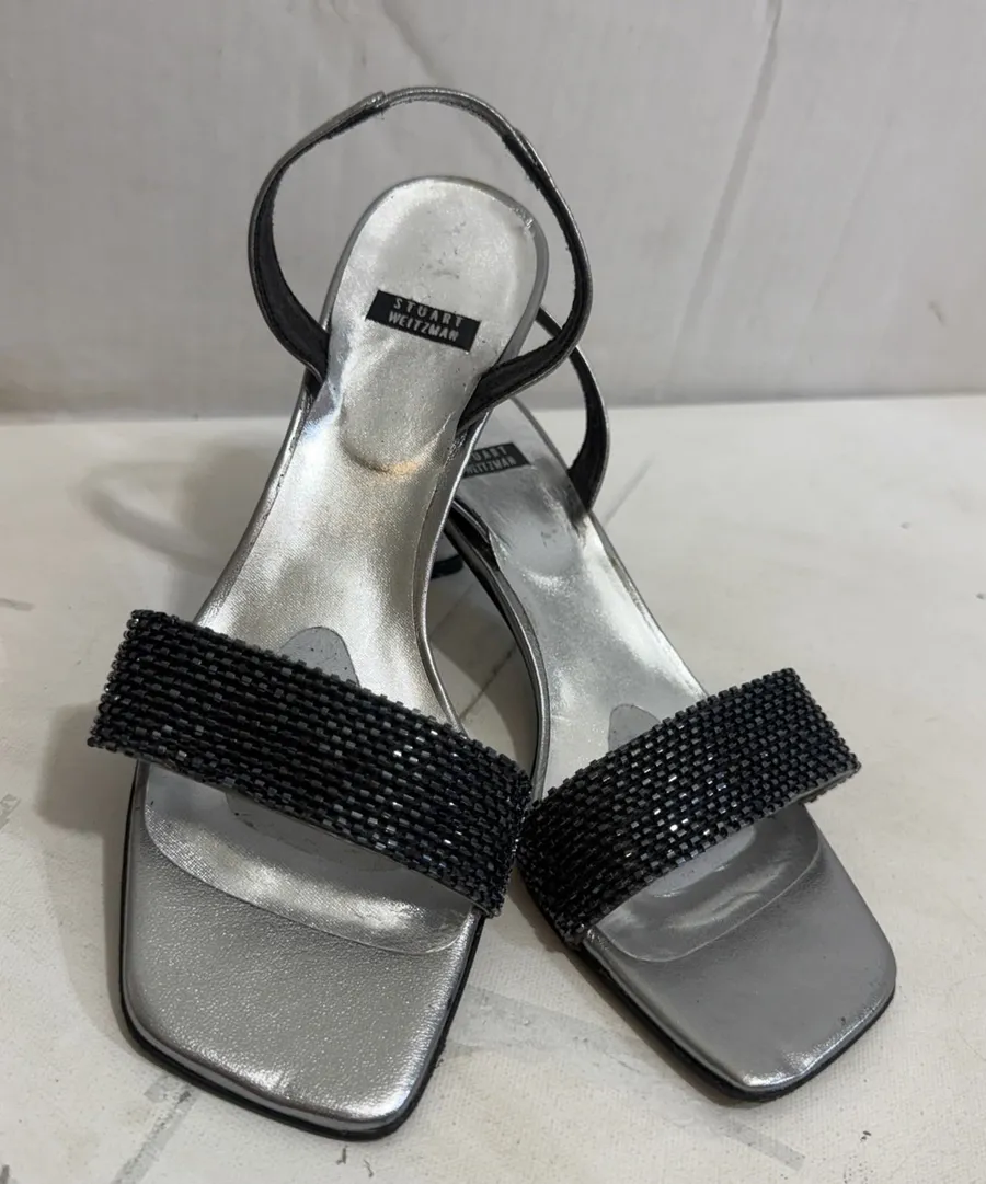 Vintage Y2K 90s Stuart Weitzman Silver Beaded Sling Back Kitten Heel Sandal 7.5B