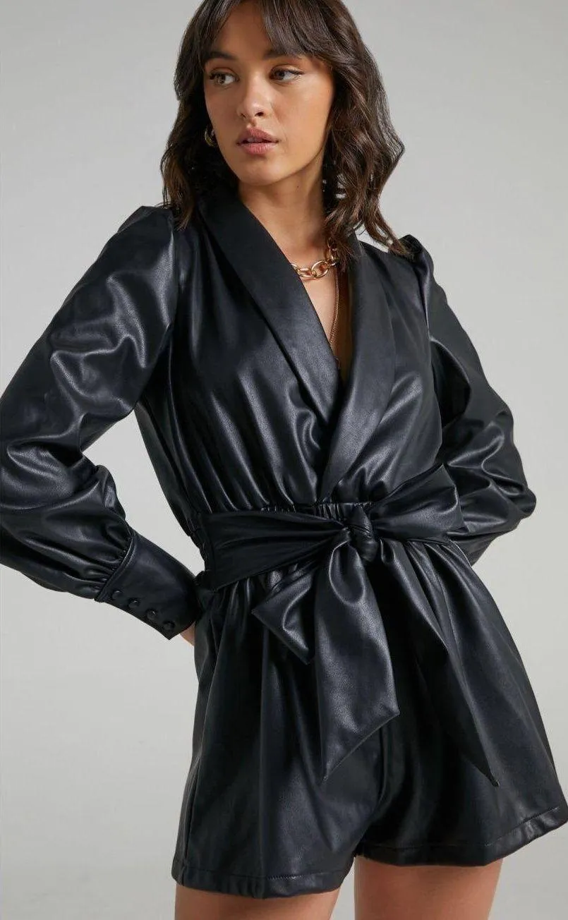Showpo Romper Black V-Neck Leather