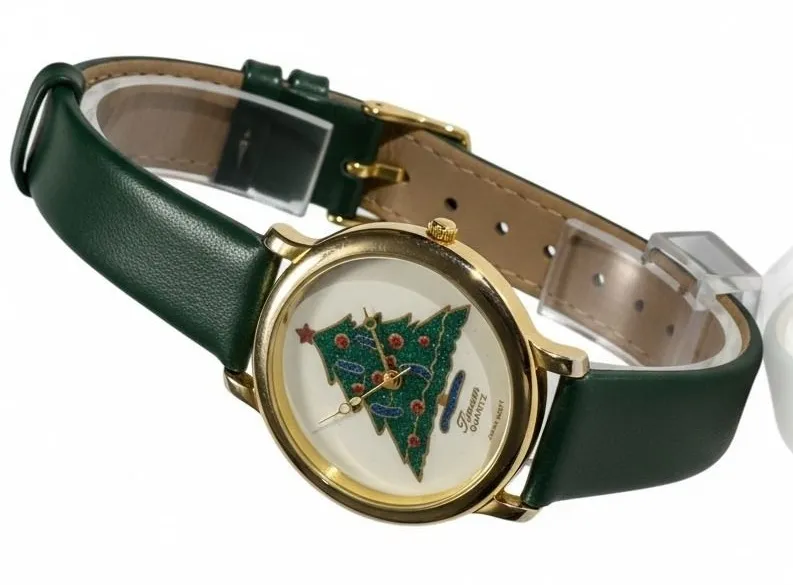 Tinum Quartz Christmas Tree Watch Gold Tone Green Leather Strap Holiday