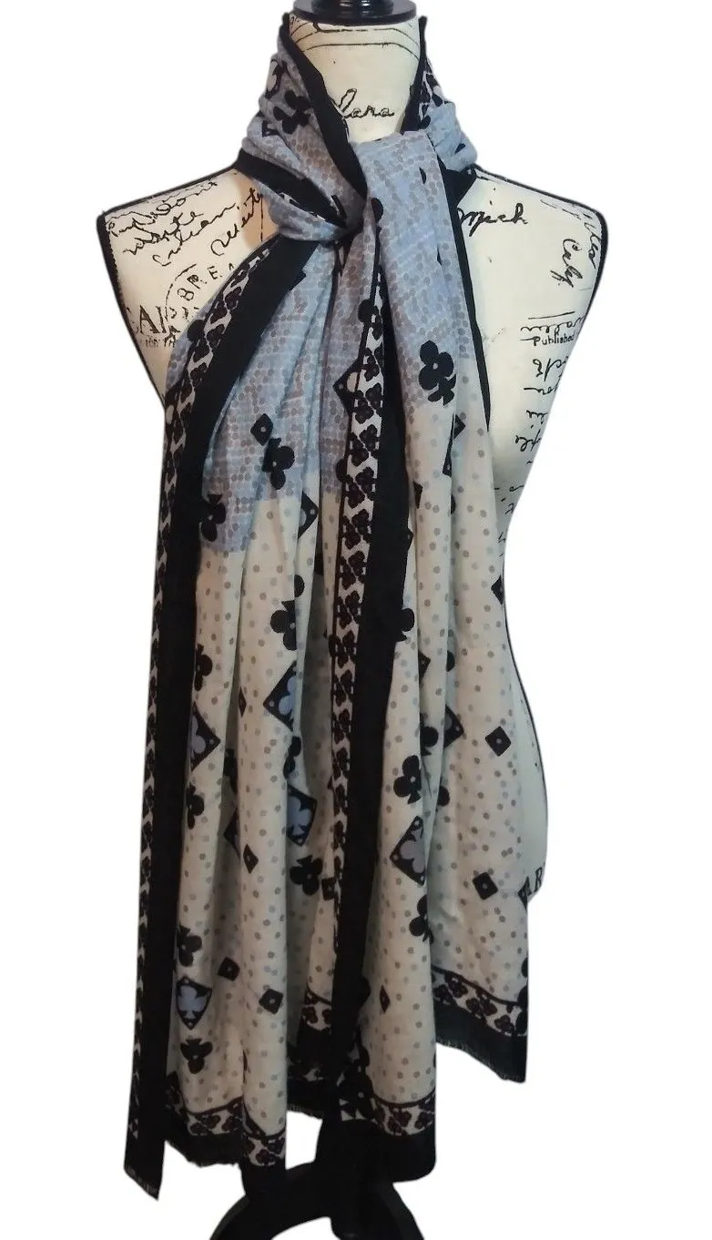 MIR Blue White Wool Cashmere Club Polkadot Wrap Scarf Fringe