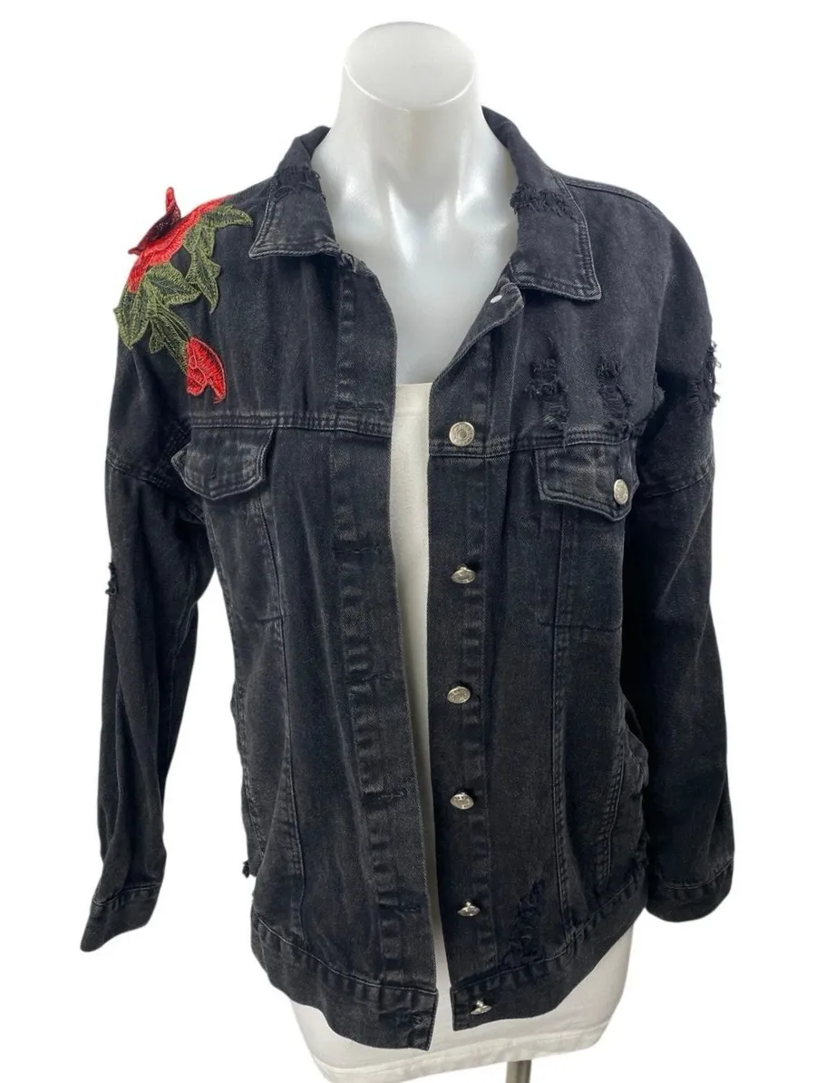 Vera & Lucy Black Floral Embroidered Button Down Distressed Denim Jeans Jacket M
