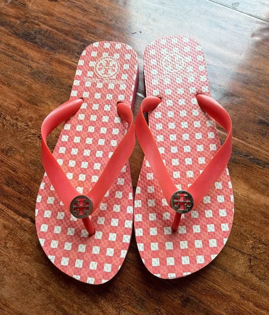 Tory Burch Gingham Logo Flip Flop Sandals Size 7